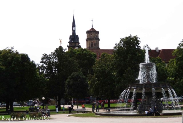 Fountain in Schlossplatz & Stiftskirche in the background