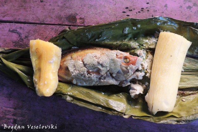 Fish ayampaco with yuca (cassava)