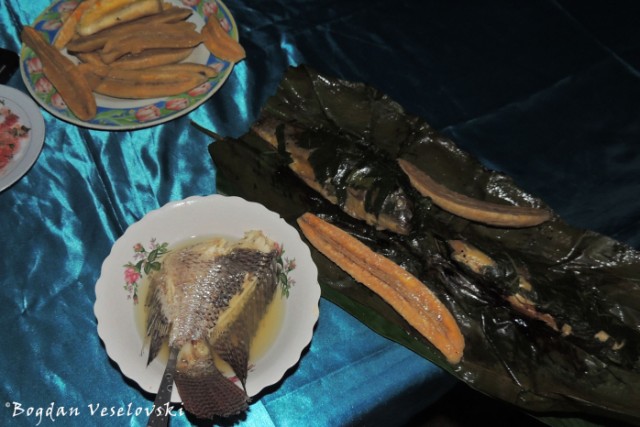 Fish soup, fish ayampaco & plátanos (plantains)