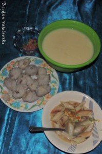 Soup with pasta & eggs, papachina (taro), chicha