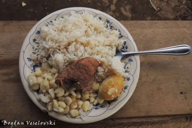 Pork with mote, rice & potato