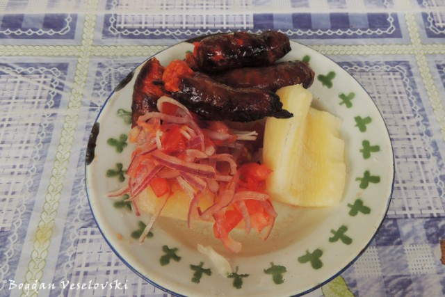 Sausages, cassava & salad
